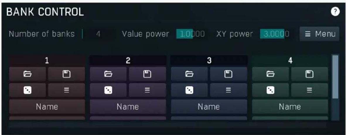 BANK CONTROL Number of banks | 4 Value power 1.0000 XY power 3.0000 ≡ Menu 1 2 3 4 Name Name Name Name
