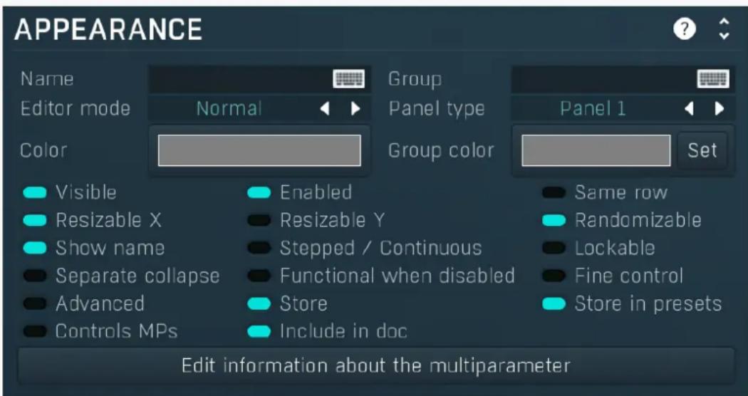 APPEARANCE Name Editor mode Normal Group Panel type Color Group color Panel 1 Set Visible Enabled Resizable X Resizable Y Show name Stepped / Continuous Separate collapse Functional when disabled Advanced Store Storage MPs Include in doc Edit information about the multiparameter