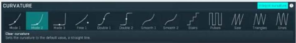 CURVATURE Mode 1 Mode 2 Mode 3 Free 1 Double 1 Double 2 Smooth 1 Smooth 2 Stairs Pulses Saw Triangles Sines Clear curvature Sets the curvature to the default value, a straight line.