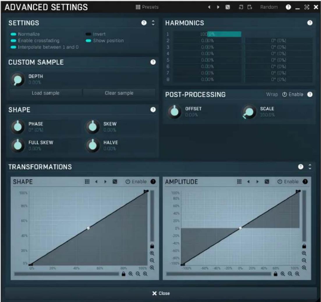 ADVANCED SETTINGS Preset Random OPTIONS Normalize Enable crossfading Interpolate between 1 and 0 Invert Show position CUSTOM SAMPLE DEPTH 0.00% Load sample Clear sample HARMONICS 1 100.0% 2 0.00% 0° (0%) 3 0.00% 0° (0%) 4 0.00% 0° (0%) 5 0.00% 0° (0%) 6 0.00% 0° (0%) 7 0.00% 0° (0%) 8 0.00% 0° (0%) POST-PROCESSING Wrap Enable ? OFFSET SCALE 0° (0%) 0° (0%) FULL SKEW HALVE 0.00% TRANSFORMATIONS SHAPE 100% 80% 60% 40% 20% 0% -10% -56% -40% -20% 0% 20% 40% 60% 100% AMPLITUDE 100% 80% 60% 40% 20% 0% -10% -56% -40% -20% 0% 20% 40% 60% 100% X Close