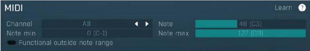 MIDI Learn ? Channel All Note 48 [C3] Note min 0 (C-1) Note max 127 [G9] Functional outside note range