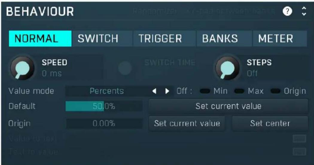 BEHAVIOUR NORMAL SWITCH TRIGGER BANKS METER SPEED 0 ms SWITCH TIME STEPS Off Value mode Percents Off : Min Max Origin Default 50.0% Set current value Origin 0.00% Set current value Set center Value to text Text to value