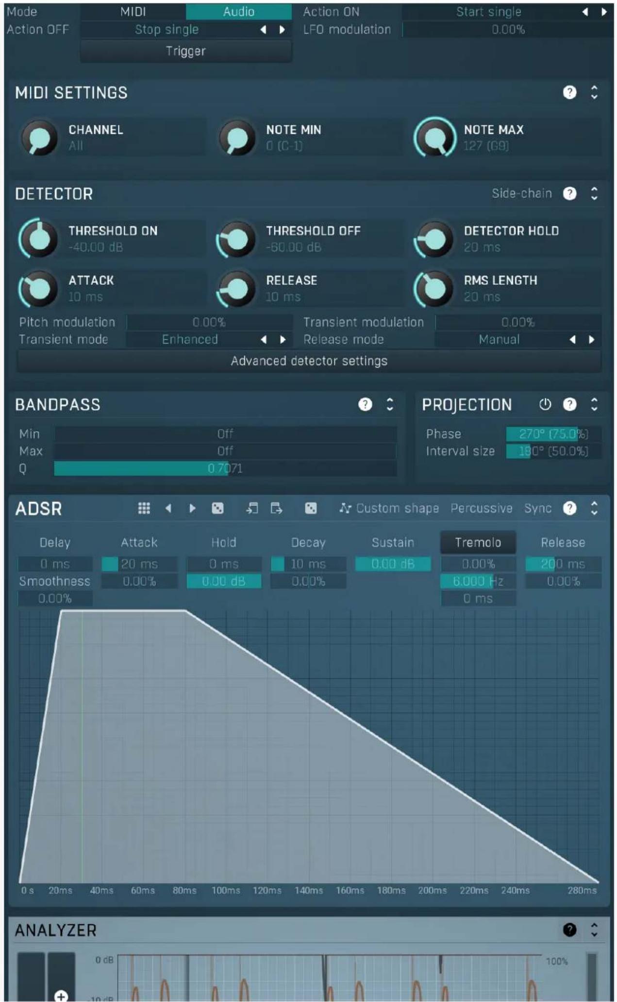 Mode MIDI Audio Action ON Start single Action OFF Stop single LFO modulation 0.00% Trigger MIDI SETTINGS CHANNEL NOTE MIN NOTE MAX 127 (69) DETECTOR Side-chain THRESHOLD ON -40.00 dB THRESHOLD OFF -60.00 dB DETECTOR HOLD 20 ms ATTACK 10 ms RELEASE 10 ms RMS LENGTH 20 ms Pitch modulation 0.00% Transient modulation 0.00% Transient mode Enhanced Release mode Manual Advanced detector settings BANDPASS Min Off PROJECTION Phase 270° (75.0%) Max 0.7071 Interval size 180° (50.0%) Q ADSR Custom shape Percussive Sync Delay Attack Hold Decay Sustain Tremolo Release 0 ms 20 ms 0 ms 10 ms 0.00 dB 0.00% 200 ms Smoothness 0.00% 0.00 dB 0.00% 6.000 Hz 0.00% 0.00% ANALYZER