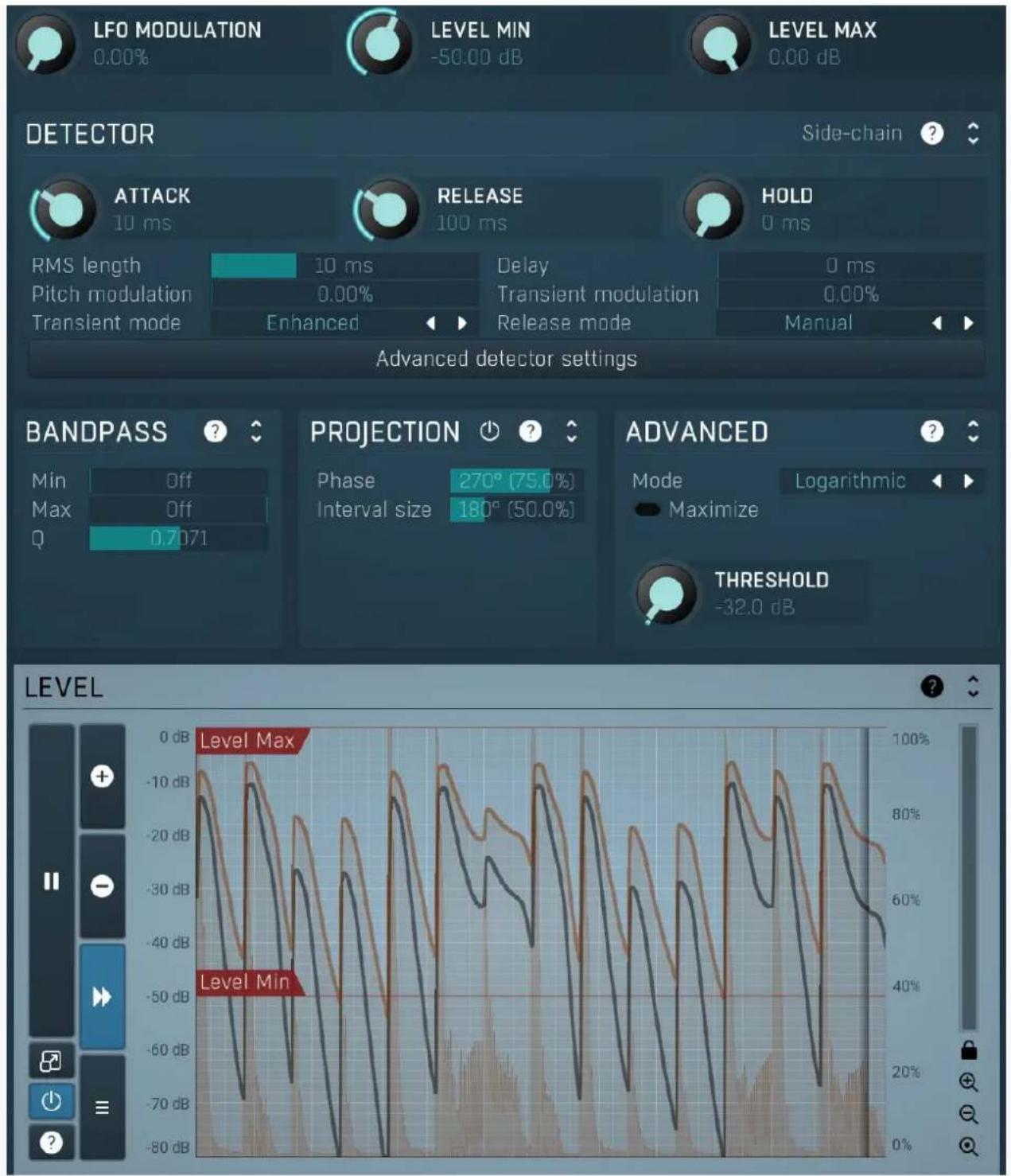 LFO MODULATION 0.00% LEVEL MIN -50.00 dB LEVEL MAX 0.00 dB DETECTOR Side-chain ? ATTACK 10 ms RELEASE 100 ms HOLD 0 ms RMS length 10 ms Delay 0 ms Pitch modulation 0.00% Transient mode Enhanced Transient modulation 0.00% Release mode Manual Advanced detector settings BANDPASS Min Off Max Off Q 0.7071 PROJECTION Phase 270° [75.0%] Interval size 180° [50.0%] ADVANCED Mode Logarithmic Maximize THRESHOLD -32.0 dB LEVEL Level Max Level Min
