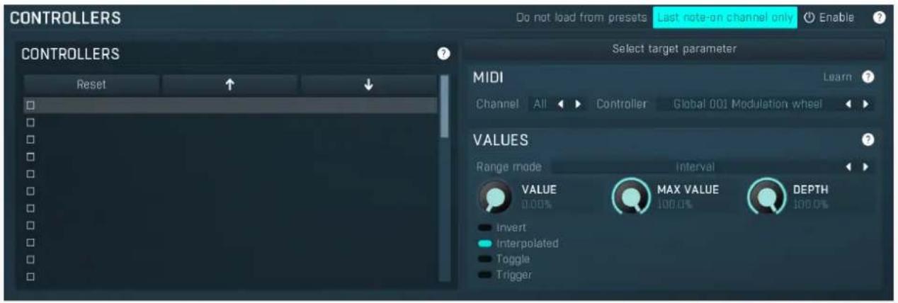 CONTROLLERS Do not load from presets Last note-on channel only Enable ? CONTROLLERS Reset Select target parameter MIDI Learn ? Channel All Controller Global 001 Modulation wheel VALUES Range mode interval VALUE MAX VALUE DEPTH 0.00% 100.0% invert Interpolated Toggle Trigger