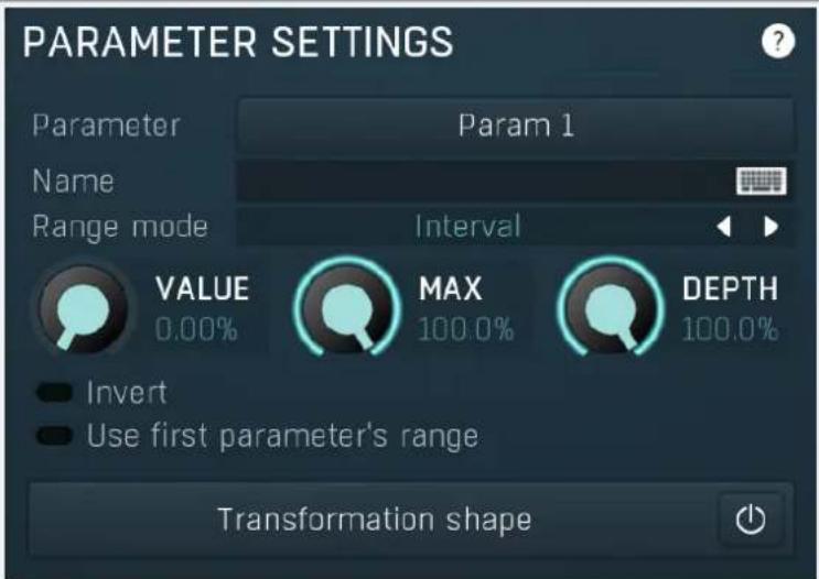 PARAMETER SETTINGS Parameter Param 1 Name Range mode Interval VALUE MAX DEPTH 0.00% 100.0% Invert Use first parameter's range Transformation shape
