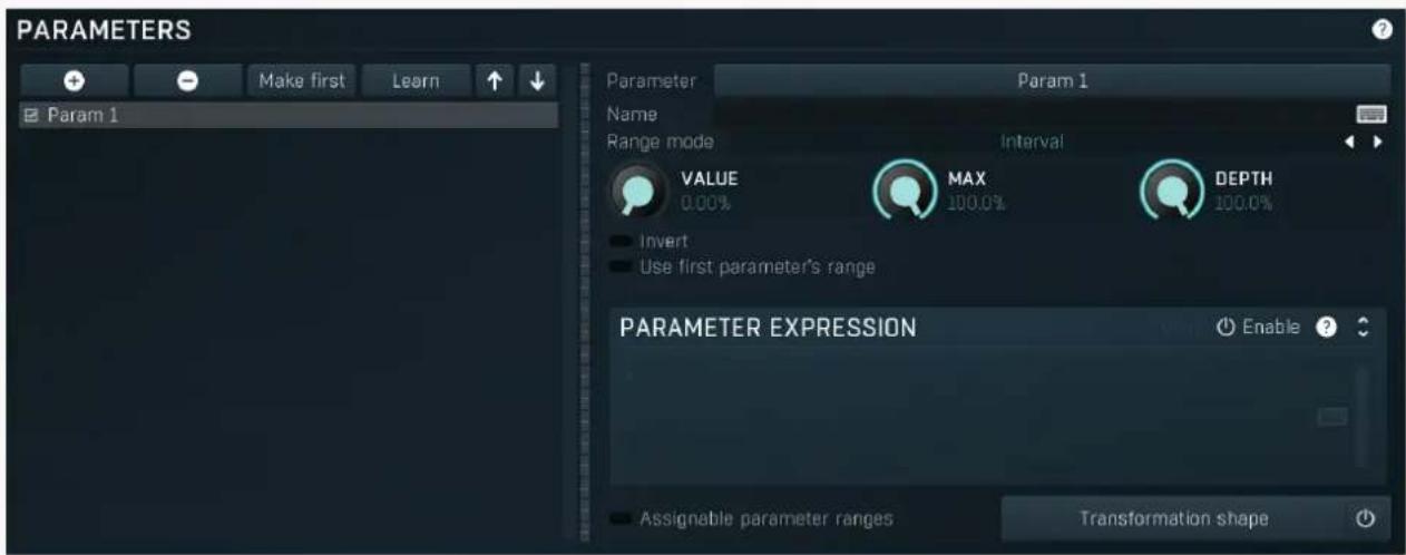 PARAMETERS Make first Learn Param 1 Parameter Param 1 Name Range mode Interval VALUE MAX DEPTH 0.00% 100.0% Invert Use first parameter's range PARAMETER EXPRESSION Enable ? ■ Assignable parameter ranges Transformation shape