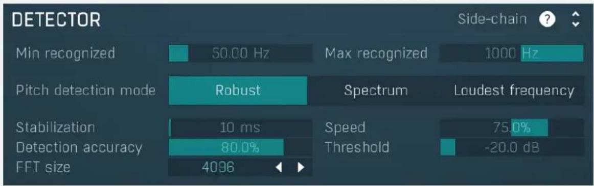 DETECTOR Min recognized 50.00 Hz Max recognized 1000 Hz Pitch detection mode Robust Spectrum Loudest frequency Stabilization 10 ms Speed 75.0% Detection accuracy 80.0% Threshold -20.0 dB FFT size 4096