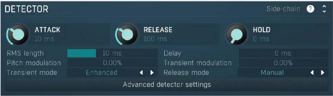 DETECTOR Side-chain ? ATTACK 10 ms RELEASE 100 ms HOLD 0 ms RMS length Pitch modulation Transient mode 10 ms 0.00% Enhanced Delay Transient modulation Release mode 0 ms 0.00% Manual Advanced detector settings
