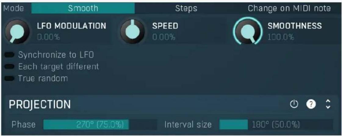 Mode Smooth Steps Change on MIDI note LFO MODULATION 0.00% SPEED 0.00% SMOOTHNESS 100.0% Synchronize to LFO Each target different True random PROJECTION Phase 270° (75.0%) Interval size 180° (50.0%)