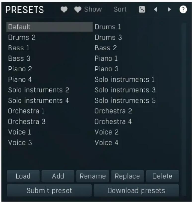 PRESETS Default Drums 1 Drums 2 Drums 3 Bass 1 Bass 2 Bass 3 Piano 1 Piano 2 Piano 3 Piano 4 Solo instruments 1 Solo instruments 2 Solo instruments 3 Solo instruments 4 Solo instruments 5 Orchestra 1 Orchestra 2 Orchestra 3 Orchestra 4 Voice 1 Voice 2 Voice 3 Voice 4 Load Add Rename Replace Delete Submit preset Download presets