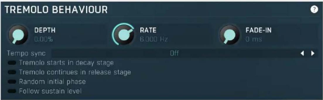 TREMOLO BEHAVIOUR DEPTH 0.00% RATE 6,000 Hz FADE-IN 0 ms Tempo sync Off Tremolo starts in decay stage Tremolo continues in release stage Random initial phase Follow sustain level
