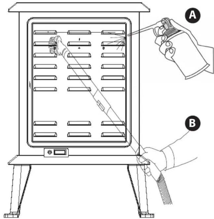 Technical diagram showing a hand using a spray gun to clean or adjust equipment inside a device, labeled with components A and B.