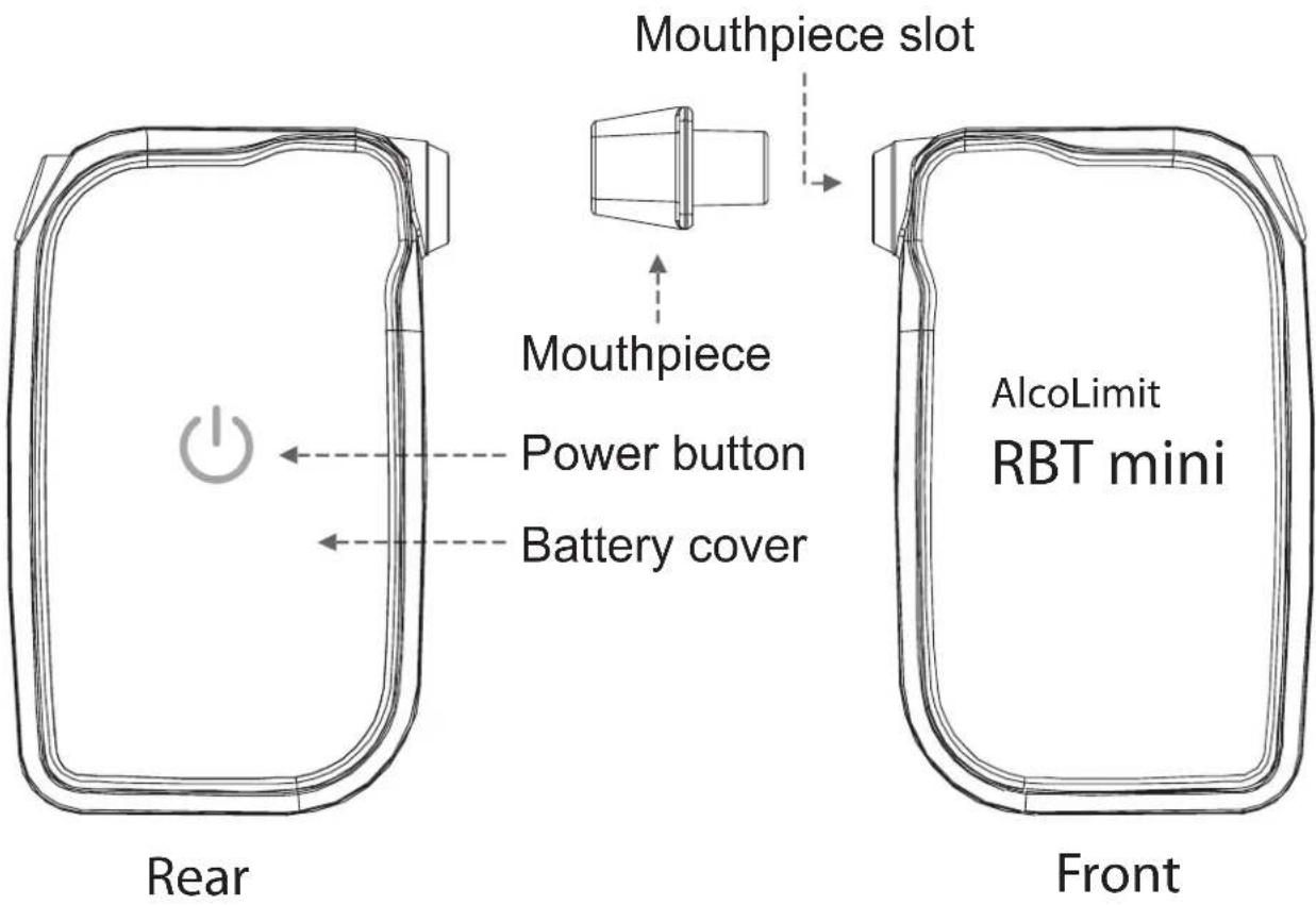 Mouthpiece slot Mouthpiece Power button Battery cover Rear Front AlcoLimit RBT mini