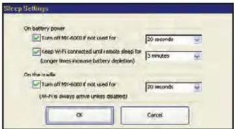 Sleep Settings On battery power ✓ Turn off M0-6000 if not used for 20 seconds ✓ Keep Wi-Fi connected until remote sleep for 3 minutes (Longer lines increase battery depletion) On the mode ✓ Turn off M0-6000 if not used for 20 seconds (Mi-Fi is always active unless disabled) OK Cancel