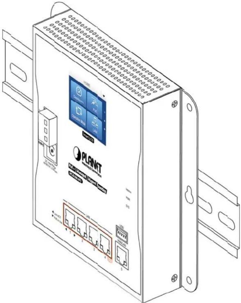 Technical line drawing of a PLANT network switch device with labeled ports and components
