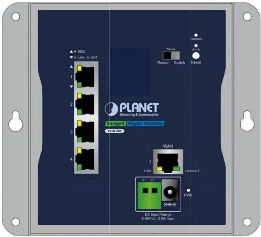 1000 LNK ACT 1 2 3 4 Mode Router Switch Internet 0 Y 3 Reset PLANET Networking & Communication Managed Magnet Mounting VGR-509 WAN 1001 LNH/ACT V-V+ PWT DC Input Range 9-48Vmm, 0.6A max.