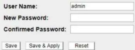 User Name: admin New Password: Confirmed Password: Save Save & Apply Reset