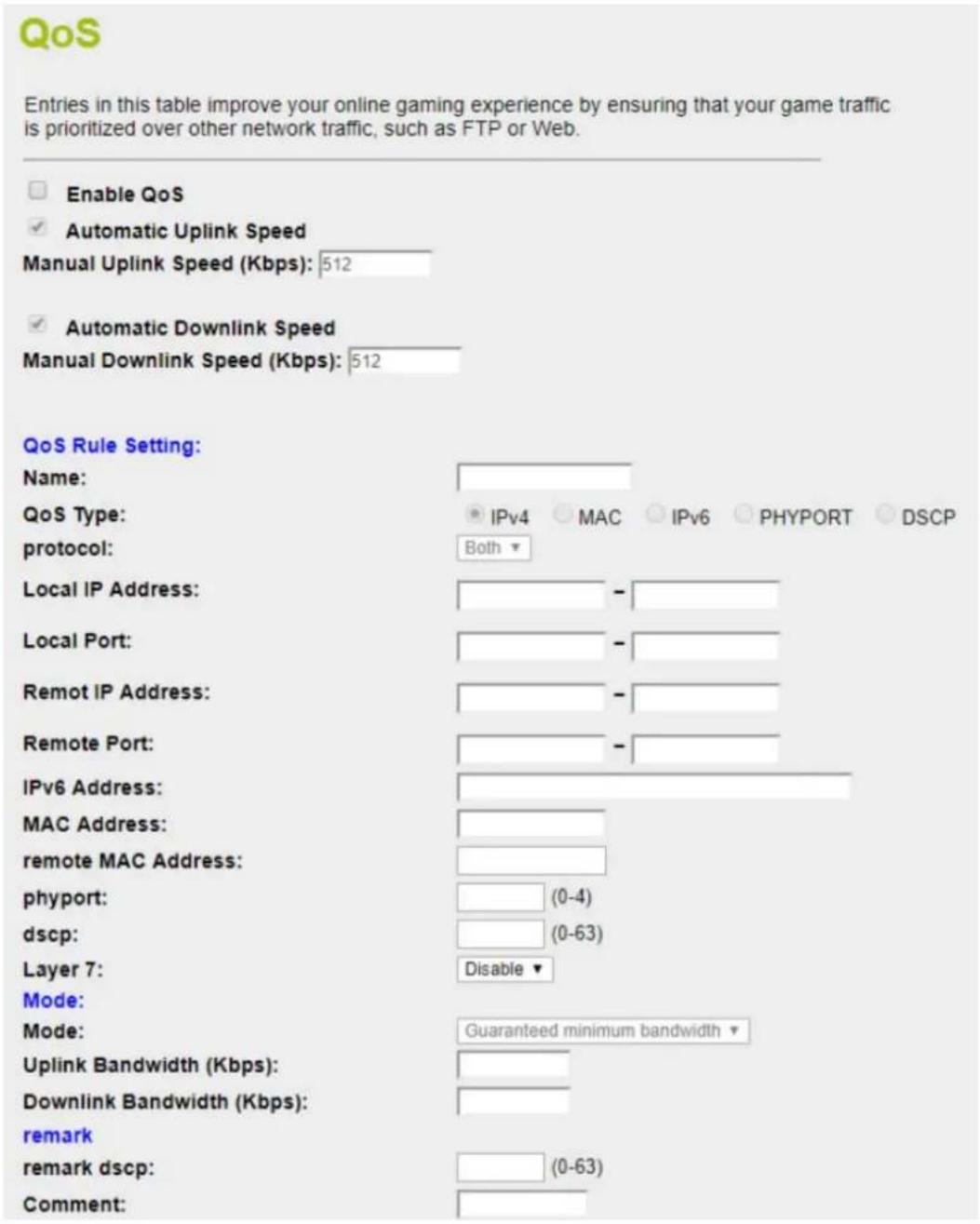 QoS Entries in this table improve your online gaming experience by ensuring that your game traffic is prioritized over other network traffic, such as FTP or Web. Enable QoS Automatic Uplink Speed Manual Uplink Speed (Kbps): 512 Automatic Downlink Speed Manual Downlink Speed (Kbps): 512 QoS Rule Setting: Name: QoS Type: IPv4 MAC IPv6 PHYPORT DSCP protocol: Both Local IP Address: - - Local Port: - - Remot IP Address: - - Remote Port: - - IPv6 Address: MAC Address: remote MAC Address: phyport: (0-4) dscp: (0-63) Layer 7: Disable Mode: Mode: Guaranteed minimum bandwidth Uplink Bandwidth (Kbps): Downlink Bandwidth (Kbps): remark remark dscp: (0-63) Comment: