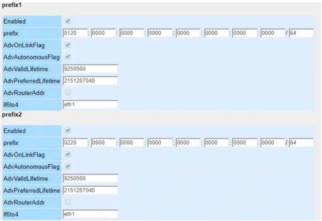 prefix1 Enabled ✓ prefix 0120 : 0000 : 0000 : 0000 : 0000 : 0000 : 0000 : 0000 / 64 AdvOnLinkFlag ✓ AdvAutonomousFlag ✓ AdvValidLifetime 9250560 AdvPreferredLifetime 2151287040 AdvRouterAddr □ if6to4 eth1 prefix2 Enabled ✓ prefix 0220 : 0000 : 0000 : 0000 : 0000 : 0000 : 0000 / 64 AdvOnLinkFlag ✓ AdvAutonomousFlag ✓ AdvValidLifetime 9250560 AdvPreferredLifetime 2151287040 AdvRouterAddr □ if6to4 eth1