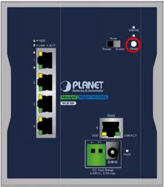 1000 LINK ACT 1 2 3 4 Internet Mode Router Switch Reset PLANET Networking & Communication Managed Magnetic Monitoring WCJ-200 WAN 5 1000 LINK/ACT PWR DC Input Range 9-48Vz, 0.6A max.