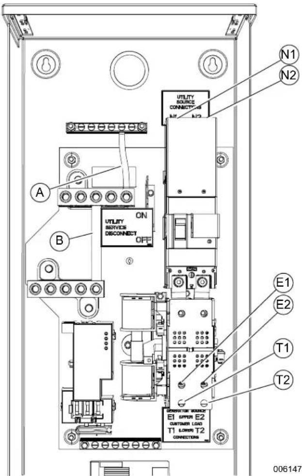 N1 N2 A B UTILITY SERVICE DISCONNECT OFF UTILITY SOURCE CONNECTIONS N1 N2 E1 E2 T1 T2 GENERATOR SOURCE E1 UPPER E2 CUSTOMER LOAD T1 LOWER T2 CONNECTIONS 006147