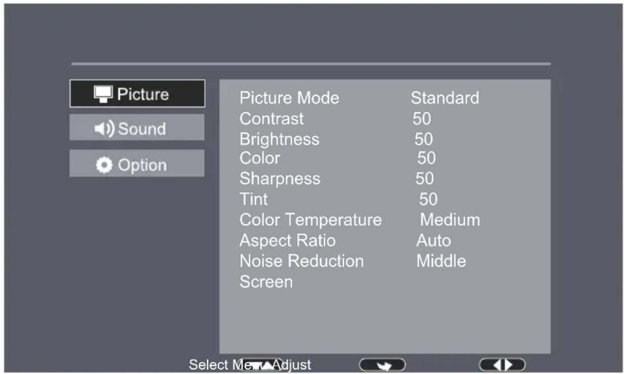 Picture Sound Option Picture Mode Standard Contrast 50 Brightness 50 Color 50 Sharpness 50 Tint 50 Color Temperature Medium Aspect Ratio Auto Noise Reduction Middle Screen