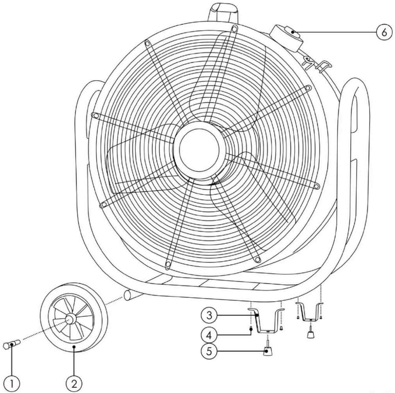 Technical diagram of a fan or fan assembly with numbered components and labeled parts