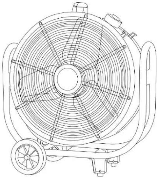 Technical line drawing of a circular fan or fan assembly with radial blades and mounting brackets (no text or symbols)