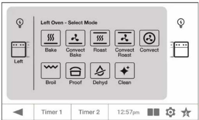 Left Oven - Select Mode Bake Convect Bake Roast Convect Roast Convect Broil Proof Dehyd Clean Timer 1 Timer 2 12:57pm