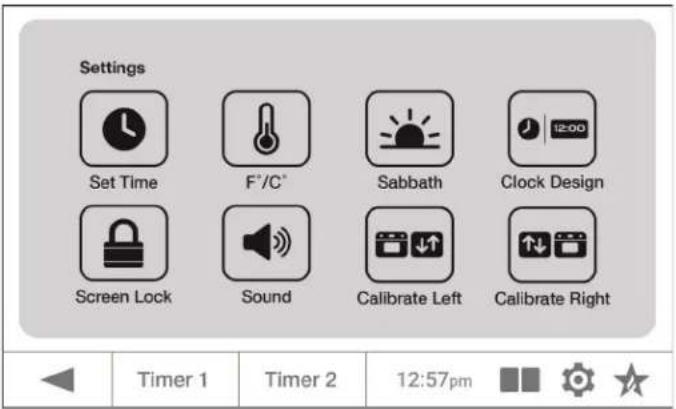 Settings Set Time F*/C* Sabbath Clock Design Screen Lock Sound Calibrate Left Calibrate Right Timer 1 Timer 2 12:57pm