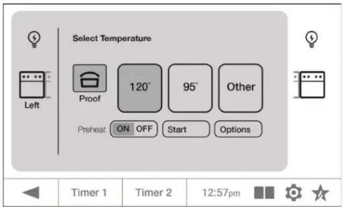 Select Temperature Left Proof 120° 95° Other Preheat ON OFF Start Options Timer 1 Timer 2 12:57pm