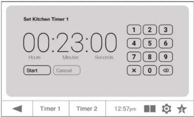 Set Kitchen Timer 1 00:23:00 Hours Minutes Seconds Start Cancel 1 2 3 4 5 6 7 8 9 × 0