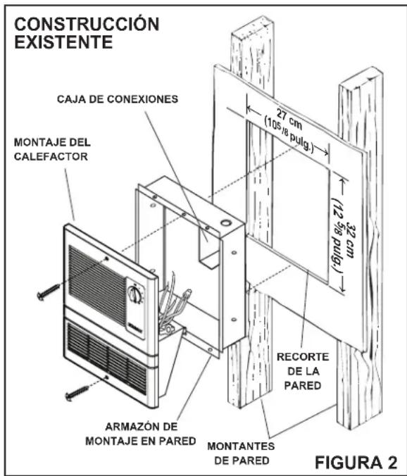 CONSTRUCCIÓN EXISTENTE CAJA DE CONEXIONES MONTAJE DEL CALEFACTOR 27 cm (105/8 pulg.) 12 cm (16) 22 cm RECorte DE LA PARED ARMAZÓN DE MONTAJE EN PARED MONTANTES DE PARED FIGURA 2