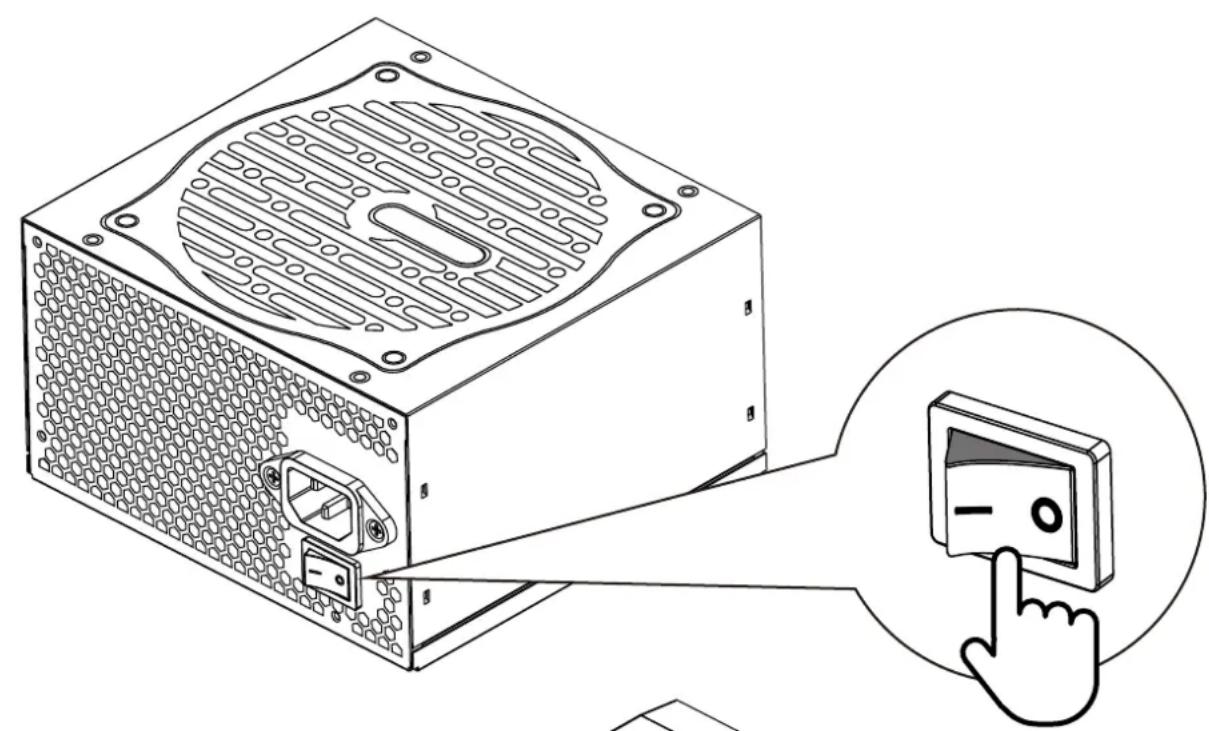 Illustration of a computer power supply unit with a magnified view showing its control panel and finger pointing to it (no text or symbols present)