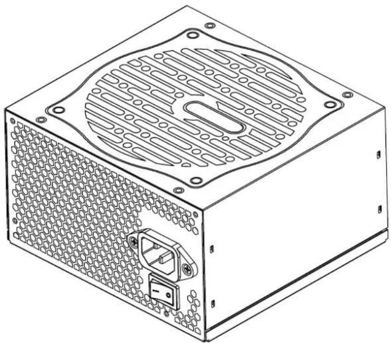 Technical line drawing of a computer power box with visible circuit patterns and mounting holes (no text or symbols)