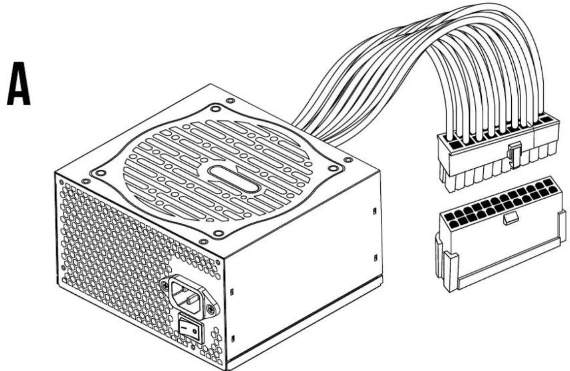 Technical line drawing of a power supply unit with connected cable and terminal blocks (no text or symbols)