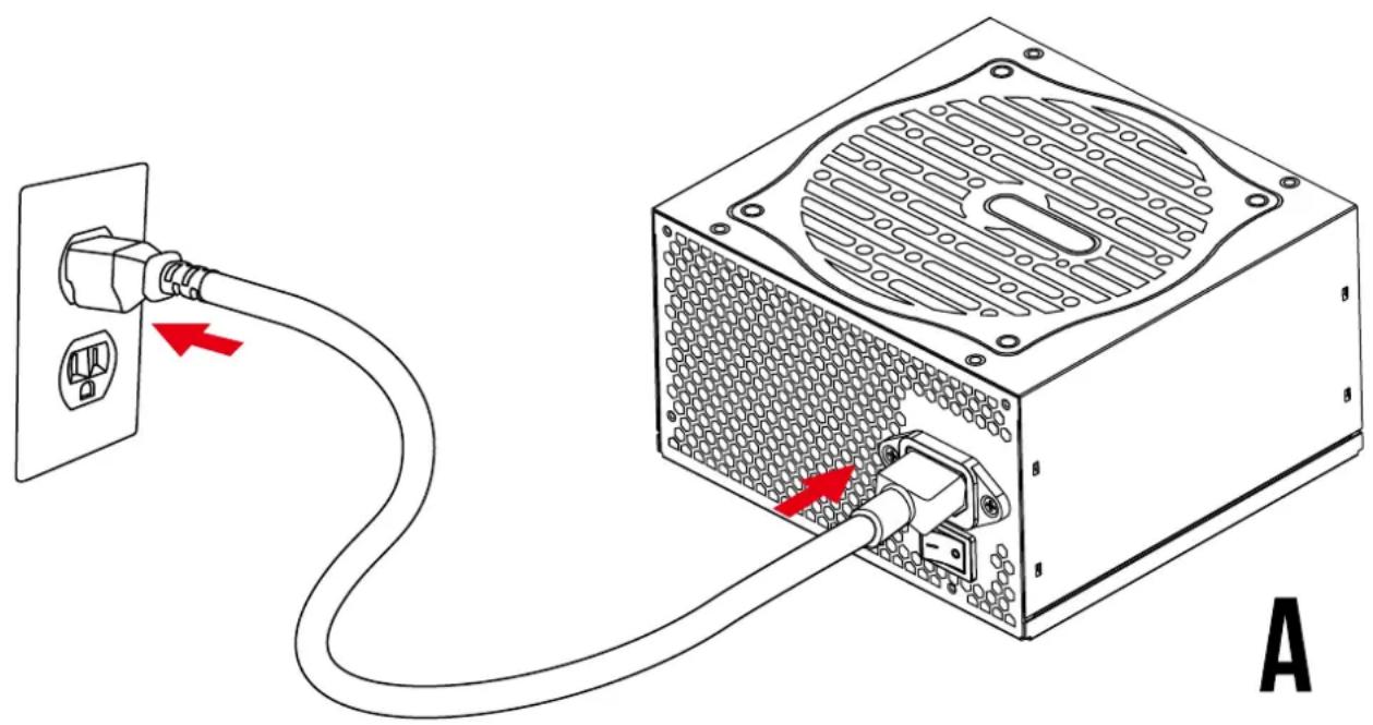 Diagram of a computer power adapter connected to a circuit board, showing cable routing and red directional arrows (no text or symbols)