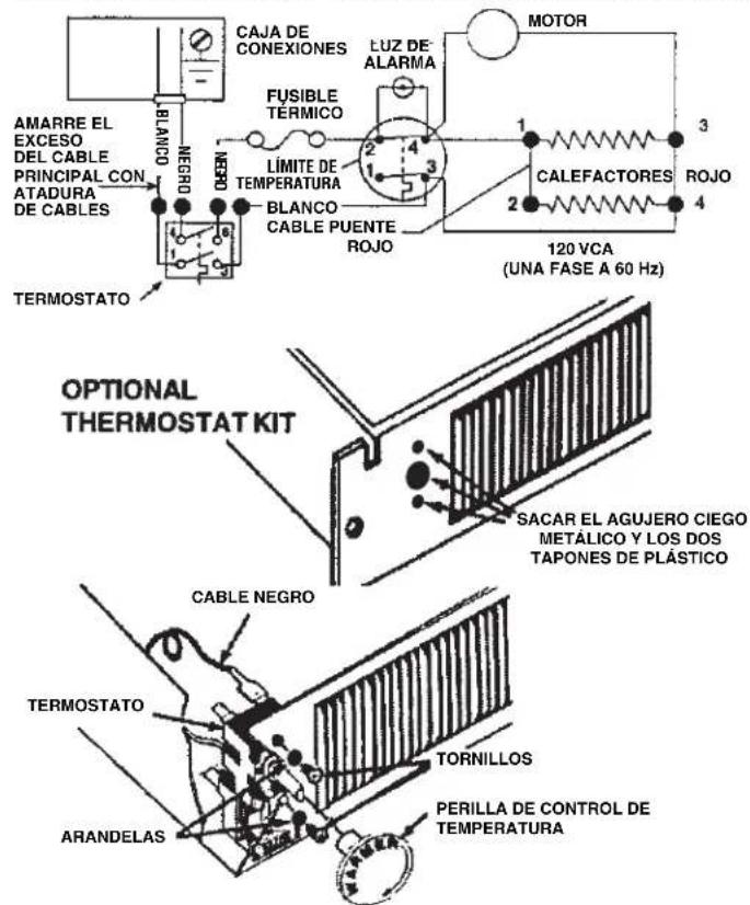 AMARRE EL EXCESO DEL CABLE PRINCIPAL CON ATADURA DE CABLES BLANCO NEGRO TERMOSTATO CAJA DE CONEXIONES FUSIBLE TERMICO LÍMITE DE TEMPERATURA BLANCO CABLE PUENTE ROJO MOOTOR 1 2 3 4 CALEFACTORES ROJO 120 VCA (UNA FASE A 60 Hz) OPTIONAL THERMOSTAT KIT SACAR EL AGUJERO CIEGO METÁLICO Y LOS DOS TAPONES DE PLÁSTICO CABLE NEGRO TERMOSTATO TORNILLOS ARANDELAS PERILLA DE CONTROL DE TEMPERATURA