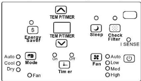 Energy Saver Auto Cool Dry Mode Fan TEM P/TIMER TEM P/TIMER ✓ On Off Timer Sleep Check Filter I SENSE Fan Auto Low Med High