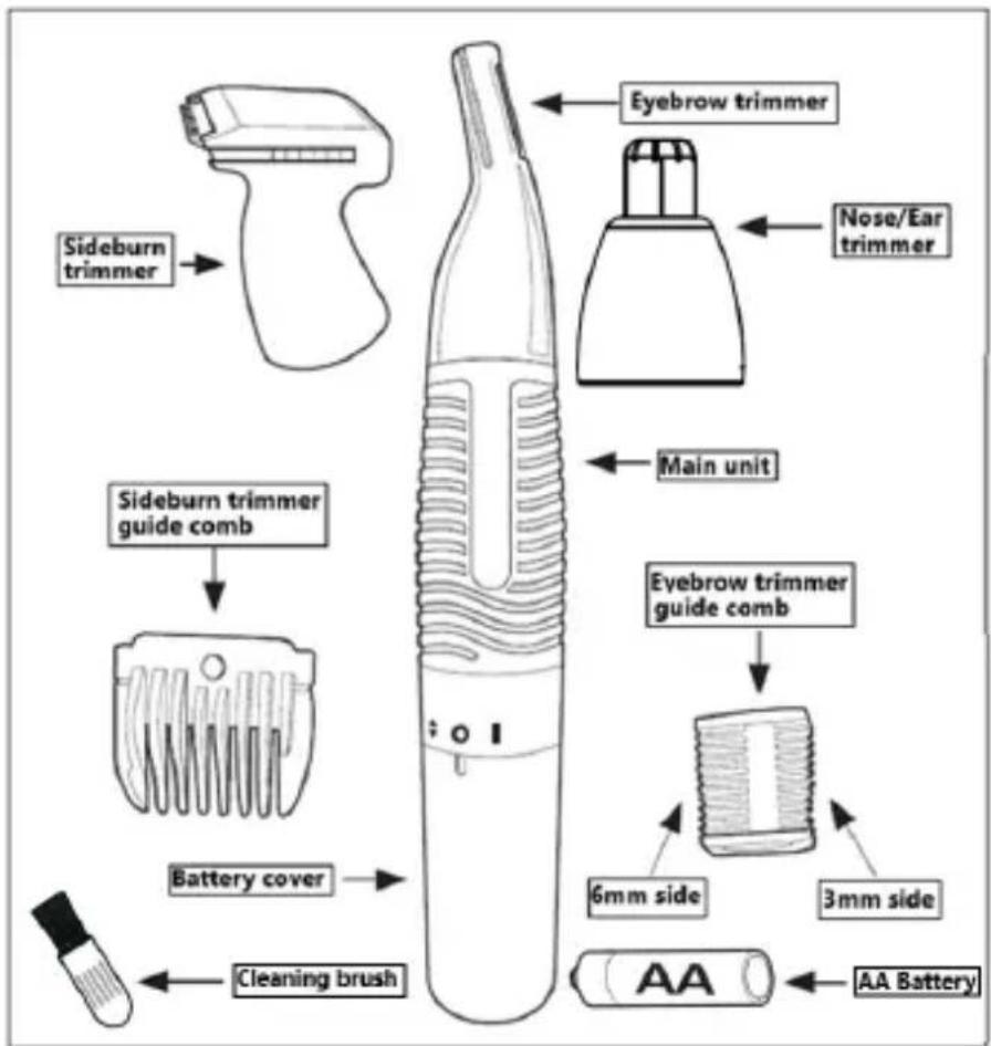 Sideburn trimmer Eyebrow trimmer Nose/Ear trimmer Main unit Sideburn trimmer guide comb Eyebrow trimmer guide comb 6mm side 3mm side AA AA Battery Cleaning brush Battery cover