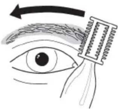Diagram illustrating eye makeup application with a brush and eyelid, showing directional arrow and labeled technique