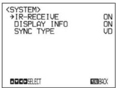 →IR-RECEIVE ON DISPLAY INFO ON SYNC TYPE VD SELECT END Back