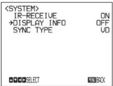 IR-RECEIVE ON →DISPLAY INFO OFF SYNC TYPE VD SELECT BACK