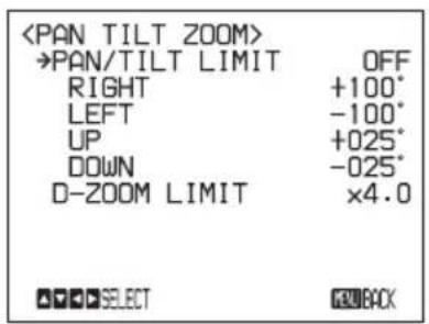→PAN/TILT LIMIT OFF RIGHT +100° LEFT -100° UP +025° DOWN -025° D-ZOOM LIMIT ×4.0 SELECT BACK