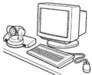 Line drawing of a vintage desktop computer setup with monitor, keyboard, mouse, and telephone receiver (no text or symbols)