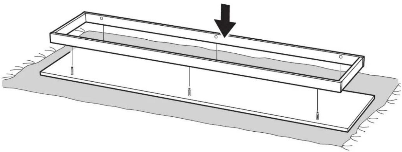 Technical line drawing of a rectangular structural component with supports and a downward arrow indicating force or movement (no text or symbols)