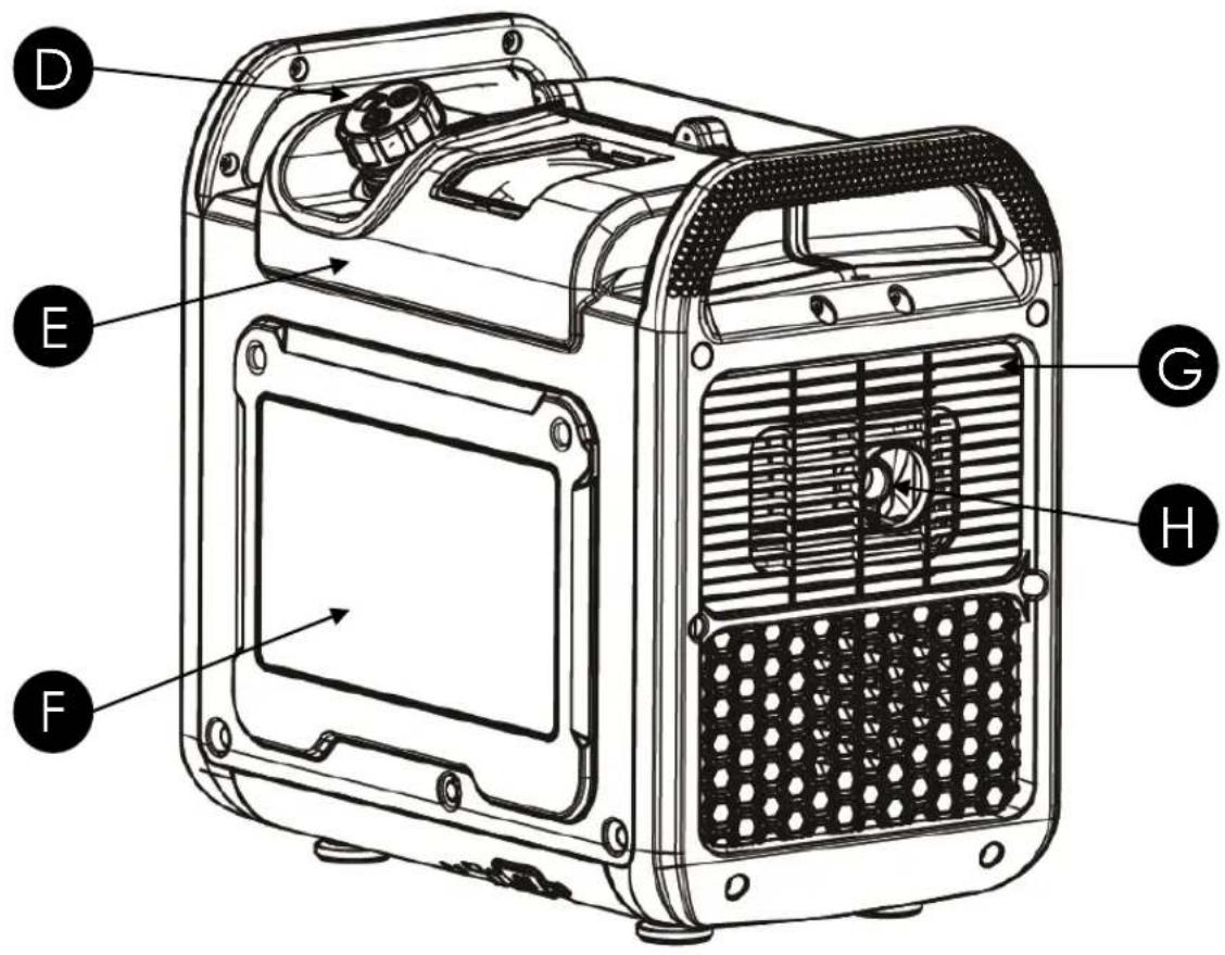 Technical diagram of a device with labeled components (D, E, F, G, H) for assembly or maintenance reference.