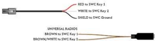 RED to SWC Key 1 WHITE to SWC Key 2 SHIELD to SWC Ground UNIVERSAL RADIOS BROWN to SWC Key 1 BROWN/WHITE to SWC Key 2