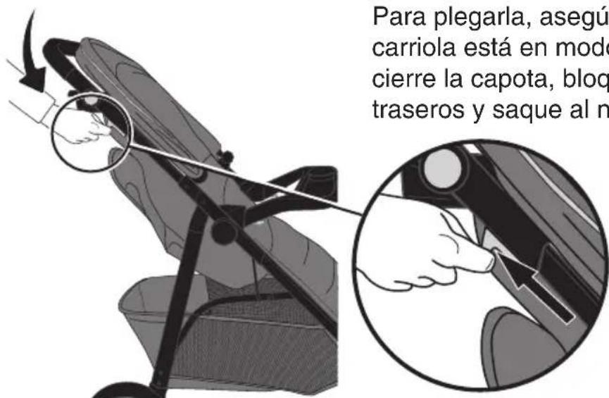 Para plegarla, asegú carriola está en modo cierre la capota, bloq traseros y saque al n